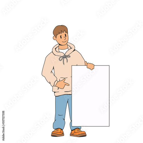 A man holds an advertising banner for text to his side and points his finger at it.The concept of advertising or other information.Stock vector illustration of a man with a poster.Isolated background.