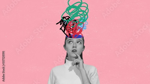 Young girl with chaos in her head and hurricane of thoughts. Modern design, contemporary art collage. Inspiration, idea concept, trendy urban magazine style. photo