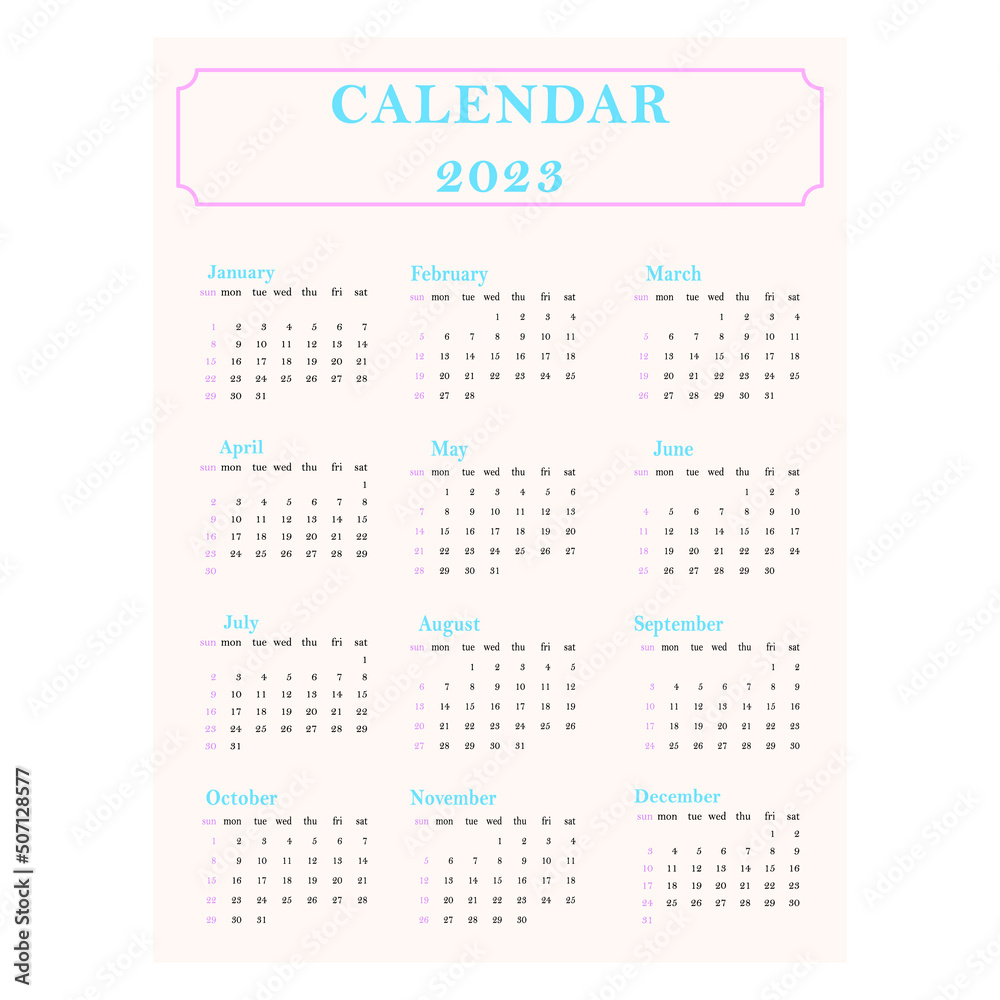Calendar for 2023. A simple one-page calendar. Beige, pink and blue color. Calendar for 2023. A simple one-page calendar. Beige, pink and blue color.