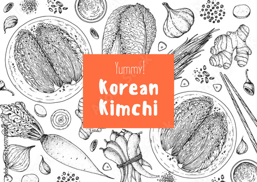 Kimchi cooking and ingredients for kimchi, sketch illustration. Korean cuisine frame. Healthy food, design elements. Hand drawn, package design. Asian food