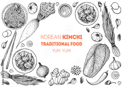 Kimchi cooking and ingredients for kimchi, sketch illustration. Korean cuisine frame. Healthy food, design elements. Hand drawn, package design. Asian food