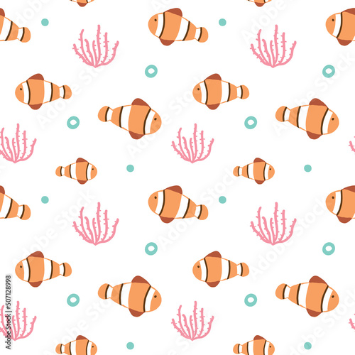 Seamless Pattern with Cartoon Fish and Coral Design on White Background