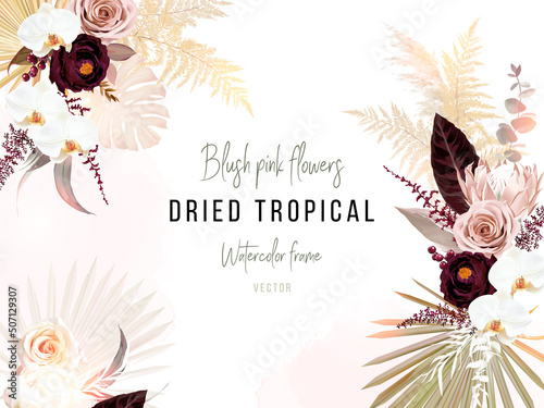 Trendy dried palm leaves, blush pink and rust rose, pale protea, burgundy ranunculus