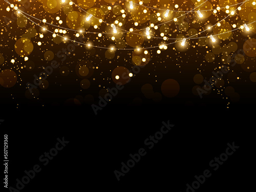 Golden glitter confetti falling on black vector background. Shining gold shimmer luxury design card