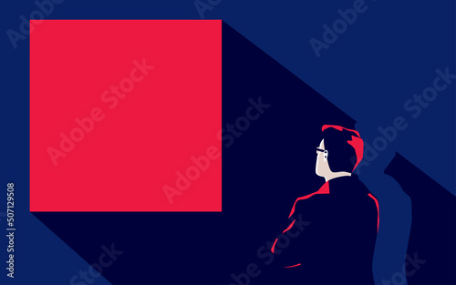 The man looks at the colored square. There is space for text.