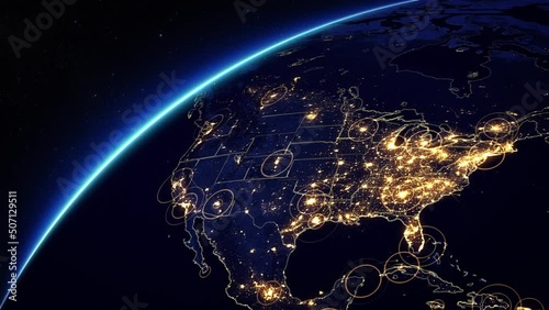 Bright Connections Forming A Network of Hud From North America to Europe. This Video Can Be Used To Represent Concepts Like Technology, Social Networks, Satellite Communications