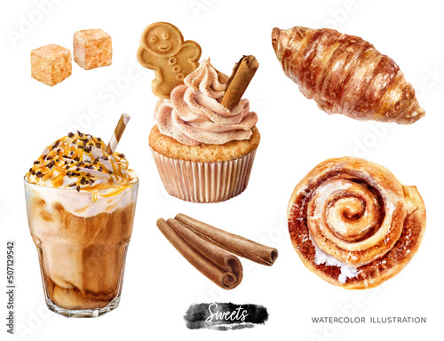 Sweet desserts watercolor isolated on white background. Christmas cupcake, Iced coffee with whipped cream and caramel syrup, sugar, cinnamon, bun and croissant photo