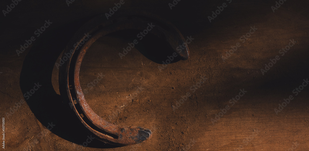 Old horseshoe on wood background for western background design. Stock