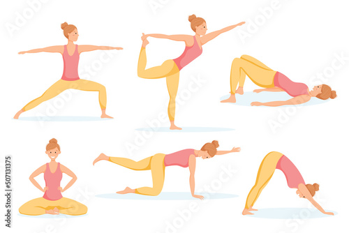 Set of vector isolated illustration, young woman doing yoga or gymnastics, sports poses or asanas.