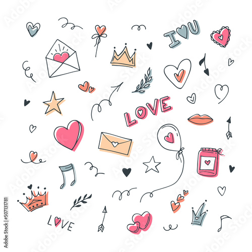Love symbols in doodle style