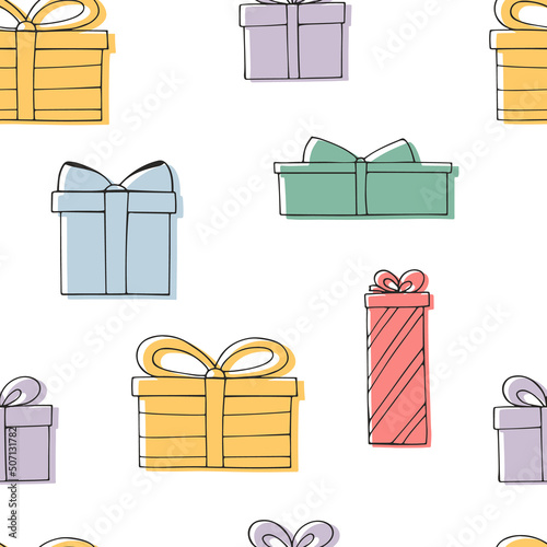 Festive seamless pattern. Hand drawn gift boxes