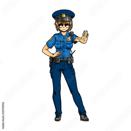 Female police officer orders stop, illustration, cartoon, mascot, character