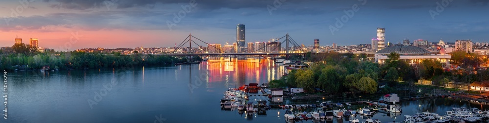 Panoramic night view of Belgrade Waterfront, river Sava, New and Old Belgrade