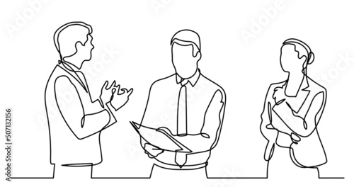 continuous line drawing of business people talking