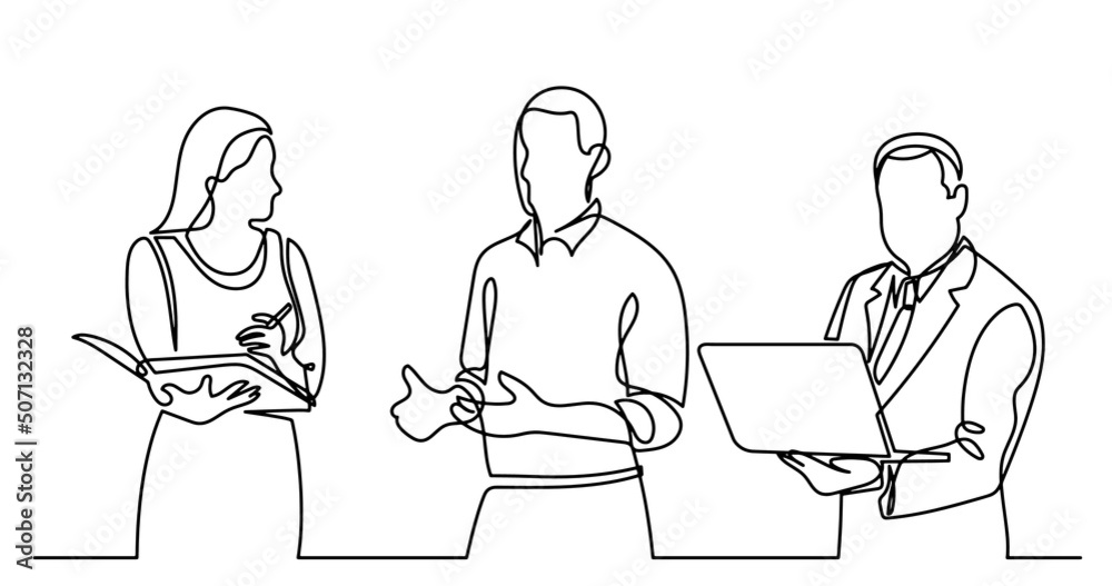 continuous line drawing of business people talking continuous line drawing of business people talking