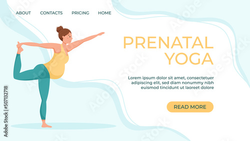 Vector banner template for prenatal yoga studio website. A pregnant woman goes in for sports.