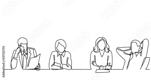 continuous line drawing of office workers at business meeting