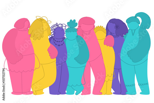 Movement against discrimination inequality, group of different women. woman feminism. International woman day. Girls are standing, hugging together. Teamwork, togetherness, friendship. drawn Vector