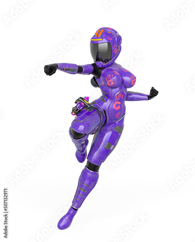 coolest astronaut girl is doing a pin up action pose in white background