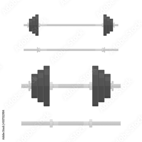 Black dumbbells and Barbells in flat style, isolated on white background. Fitness, training gym tool. Dumbbell with removable disks. Vector illustration. EPS 10.