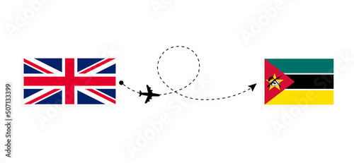 Flight and travel from United Kingdom of Great Britain to Mozambique by passenger airplane Travel concept