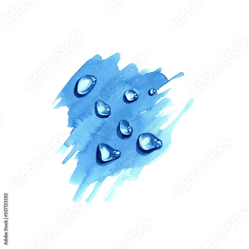 Realistic waterdops and splashes on blue abstract surface isolated on white. Hand painted watercolor. Can be used as a design element photo