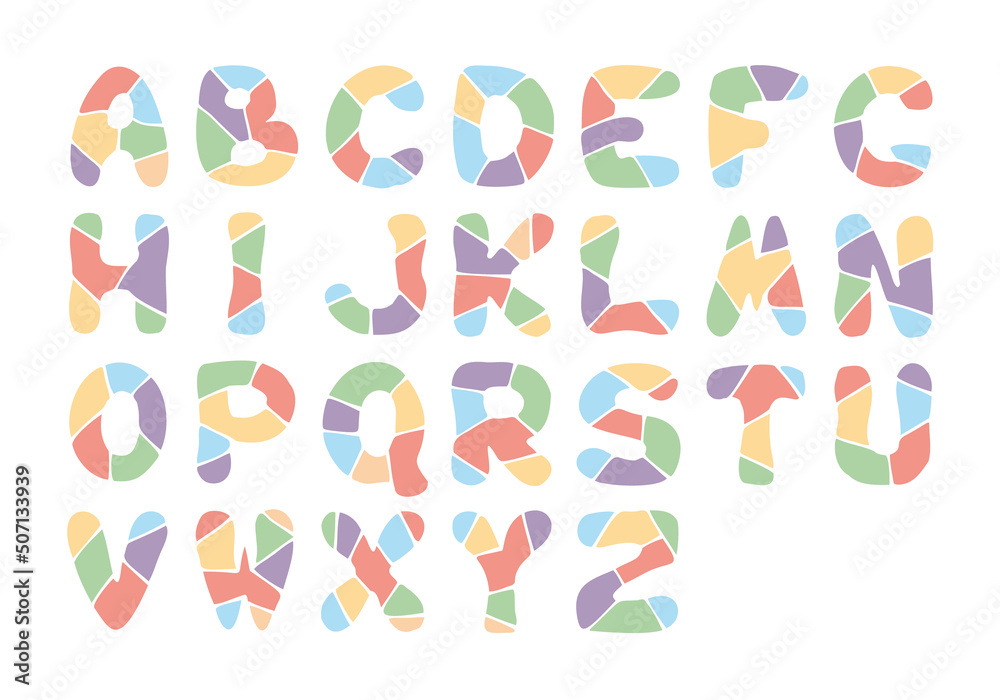 Cute chopped colorful English alphabet. Hand Drawn. Freehand drawing. Doodle. Sketch.