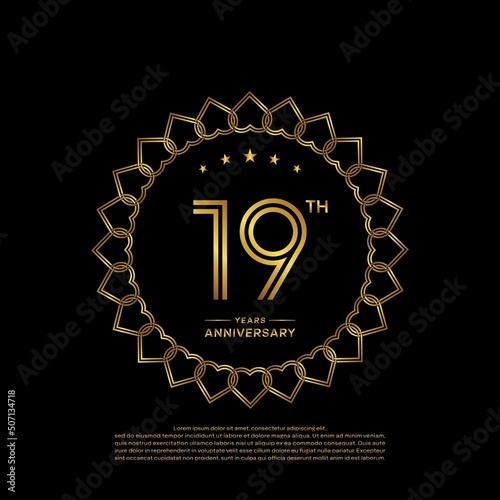 19 years anniversary celebration logotype with gold color, for booklet, leaflet, magazine, brochure poster, banner, web, invitation or greeting card. Vector illustrations.
