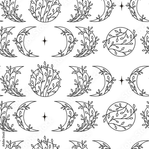 Seamless pattern of moon phases with floral elements.