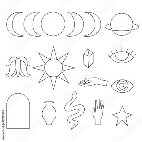 Set of outline moon phases, sun, stars, saturn, snake, moth, hands, eyes, crystal, vase.