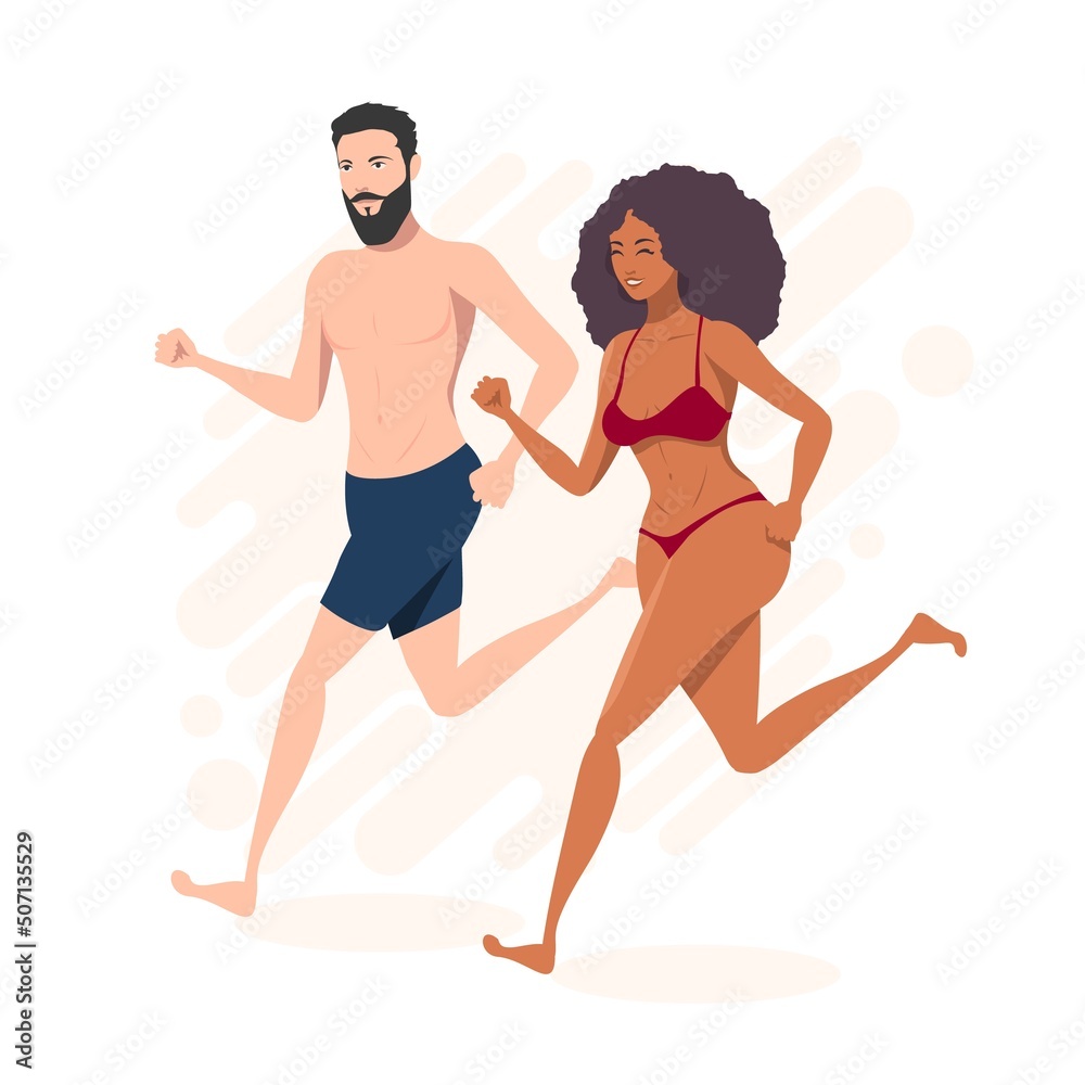 A man in shorts and a girl in a bikini are running.