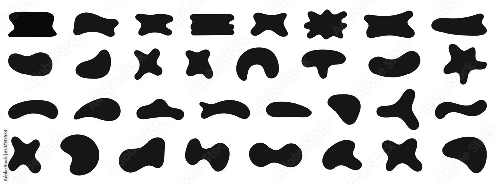 Black abstract shapes, organic blobs and blotch of irregular shape. Inkblot silhouettes, simple liquid splodge elements. Big vector set.