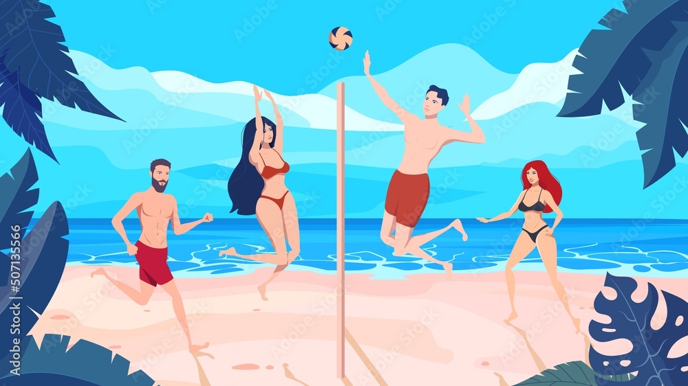 Fototapeta premium People are playing volleyball on a tropical beach. Cartoon vector illustration.