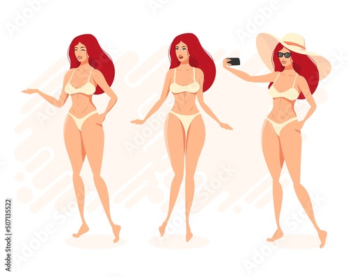 A red-haired girl in a bikini. Three poses.