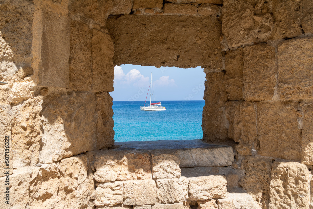 view from the fortifications to the old port of rhodes, Greece