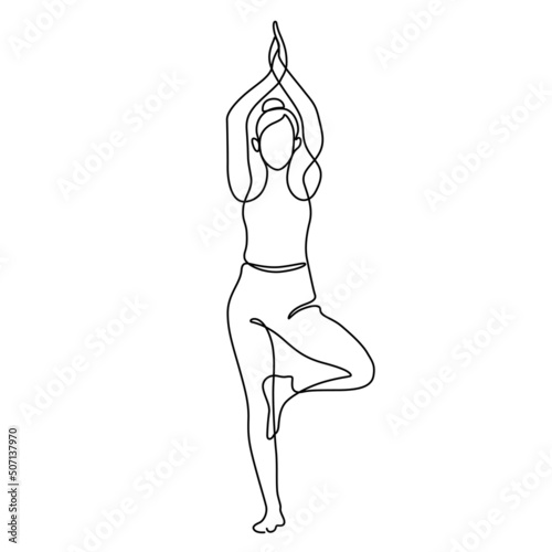 woman in tree pose yoga vector illustration. One line drawing and continuous style isolated on white background.