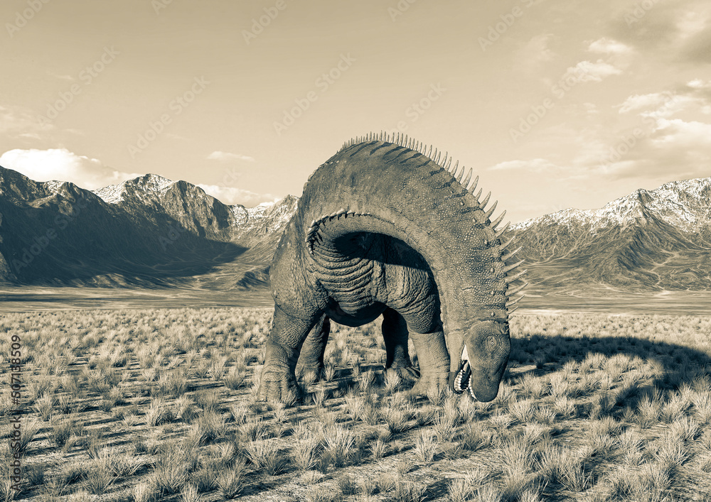 Fototapeta premium alamosaurus is eating in the plains and mountains front view