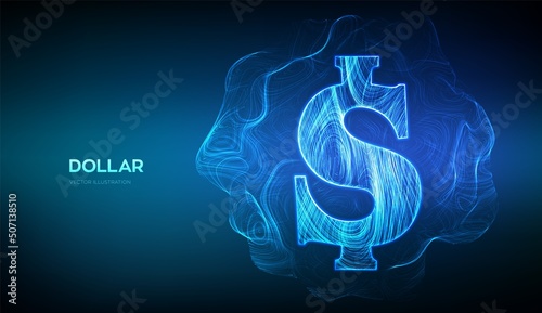 Dollar. Abstract United States Dollar sign formed from glowing thin lines. American USD currency icon. Cash, money, wealth, payment symbol. Wave motion particle trails background. Vector illustration.