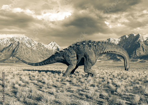 alamosaurus is eating in the plains and mountains photo