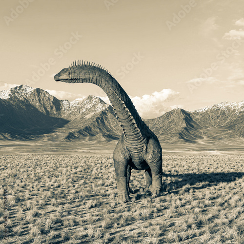 alamosaurus is looking for the others in the plains and mountains