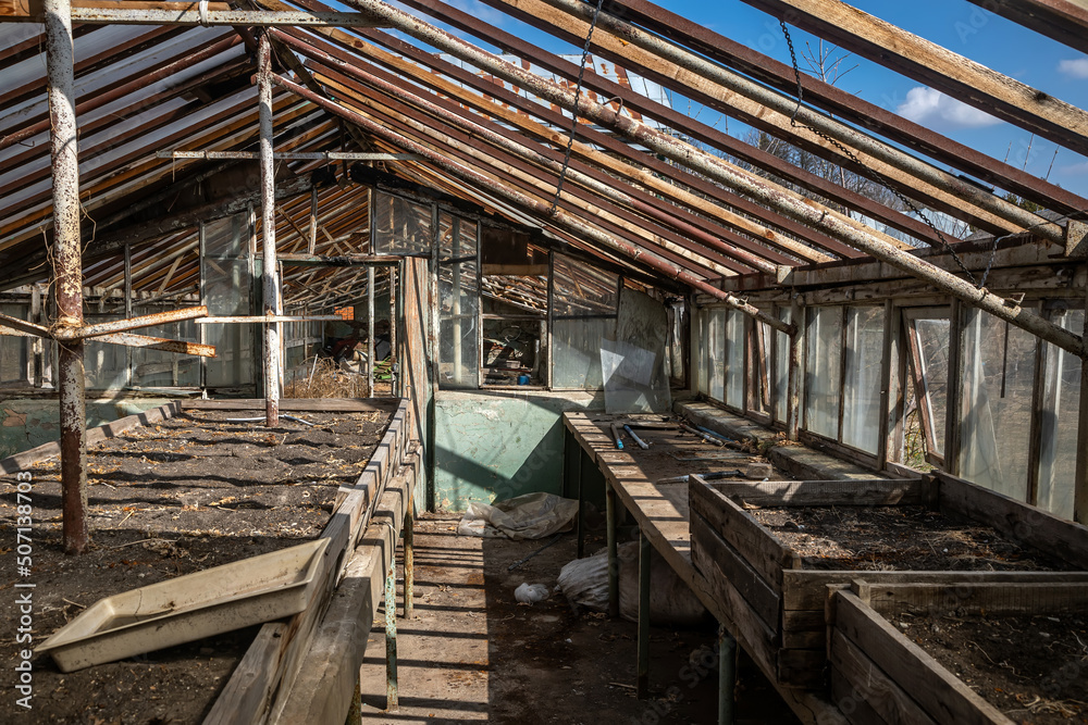 Old abandoned greenhouses. Dead plants. Interior of an abandoned building. Sunny day. Wooden greenhouses. Old abandoned greenhouses. Dead plants. Interior of an abandoned building. Sunny day. Wooden greenhouses.