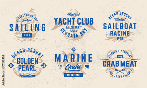 Nautical logo set. Vintage sailing emblems. Marine labels, emblems, logo. Vector logo templates.