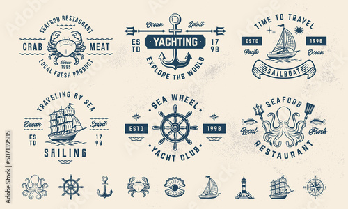 Vintage hipster logo templates and 9 design elements. Nautical, Sea, Marine emblems templates. Ship, Sailing, Yachting, Seafood restaurant emblems.Vector illustration