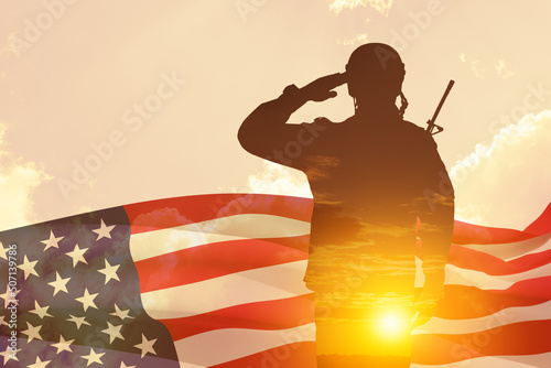 Silhouette of soldier with print of sunset saluting on a background of USA flag and sky. Greeting card for Veterans Day, Memorial Day, Independence Day. America celebration. Closeup. 3D-rendering.