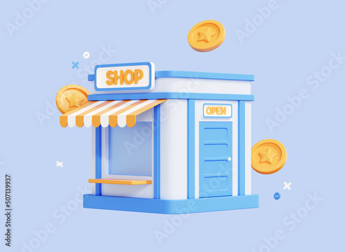 3D Store building with floating coin. Franchise Business Shop. Money investment and money income concept. Startup company. Creative minimal icon design isolated on blue background. 3D Rendering