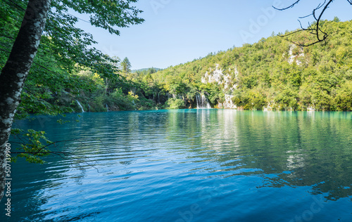 Plitvice Lakes in Croatia with beautiful waterfall and blue water