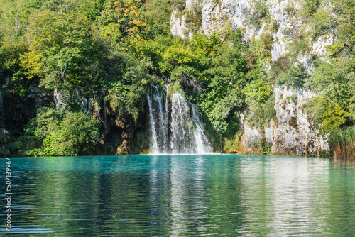 Plitvice Lakes in Croatia with beautiful waterfall and blue water