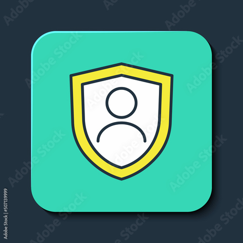 Filled outline Life insurance with shield icon isolated on blue background. Security, safety, protection, protect concept. Turquoise square button. Vector