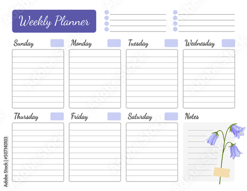 Weekly planner with floral design. Schedule decorated with campanula flower. Calendar, organizer, to do list. Vector printable template starting with sunday, a4 size.