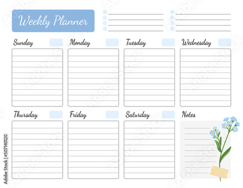 Weekly planner with floral design. Schedule decorated with forget-me-not flower. Calendar, organizer, to do list. Vector printable template starting with sunday, a4 size. photo